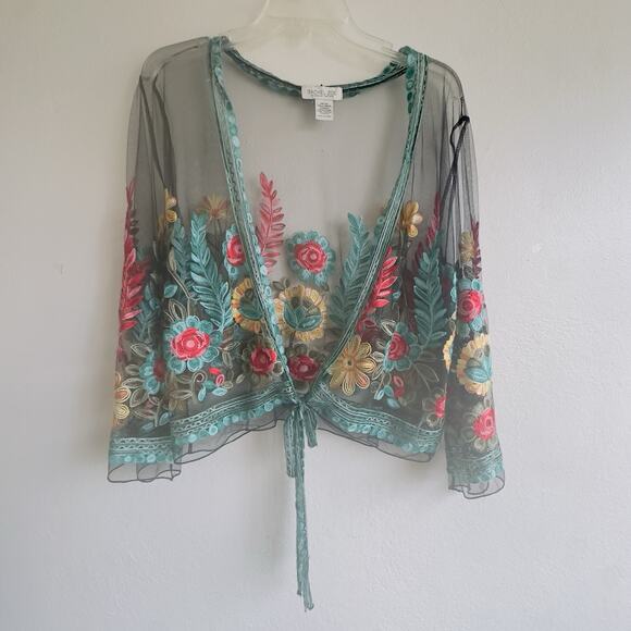 Rachel Zoe Embroidered Mesh Kimono One Size Sheer Floral Boho Resortwear Festiva - Picture 2 of 10